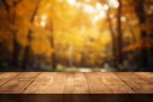Wooden Table Top Empty, Blur Autumn Yellow Background