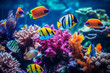 fishes in tropical sea underwater multicolored on coral reef, aquarium oceanarium, wildlife, marine snorkel diving
