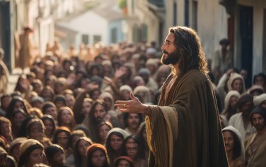 Jesus Christ preaches to the people. Generated ai