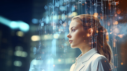 Wall Mural - Double exposure of business woman and Big Data concept. Digital neural network.Introduction of artificial intelligence. Cyberspace of future.Science and innovation of technology. generative ai.