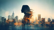 Double exposure of woman silhouette and modern city skylin. generative ai.
