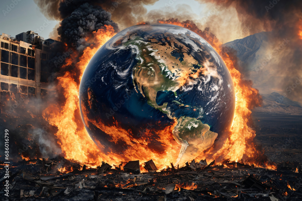 Earth globe collapse, burning, destroyed by fire. Conceptual ...