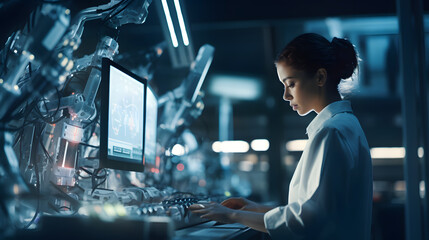 Wall Mural - Factory Female Industrial Engineer working with automation robot arms machine in intelligent factory industrial on real time monitoring system software.Digital future manufacture. generative ai.