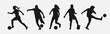 set of silhouettes of athletes, female football players. isolated on white background. graphic vector illustration.