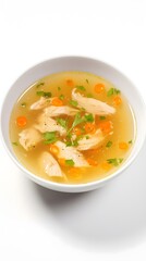 Wall Mural - Close-up portrait of chicken soup in a bowl against white background with space for text, background image, AI generated