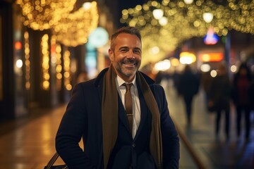 Wall Mural - Handsome middle-aged man with a beard and mustache in a business suit is walking in the city at night