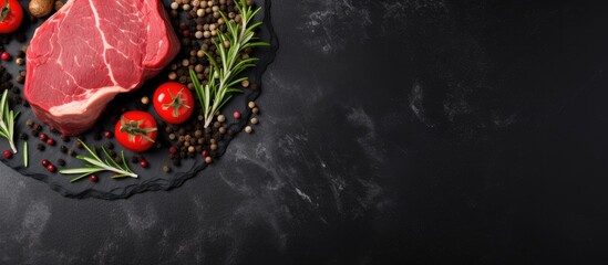 Poster - Top view of organic meat (beef or lamb) on a black slate board, with copy space.