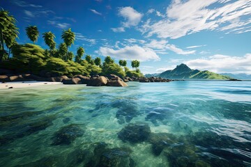 Wall Mural - Tropical beach with white sand and clear turquoise ocean. Generative AI Art. Beautiful view.