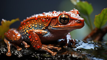 Wall Mural - red frog, selective focus photography of frog holding leaf, rain. Generative AI