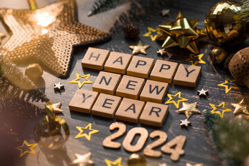 Wall Mural - A postcard or banner. A symbol from the number 2024 with golden balls, stars, sequins and a beautiful bokeh on a wooden background. Happy New Year 2024. The concept of the celebration.