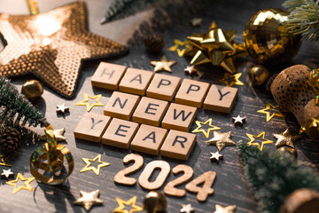 Canvas Print - A postcard or banner. A symbol from the number 2024 with golden balls, stars, sequins and a beautiful bokeh on a wooden background. Happy New Year 2024. The concept of the celebration.