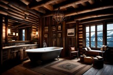 Mountain Cabin Bathroom With Log Cabin Walls, A Copper Tub, And Rustic Fixtures