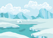 North pole arctic. White drifting and melting glacier in ocean, snow mountains iceberg polar winter season cartoon vector illustration