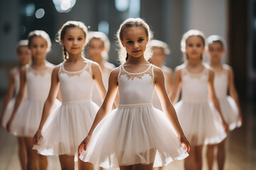 portrait of adorable little ballerinas, in white costumes, with group of other girls, in theater or 