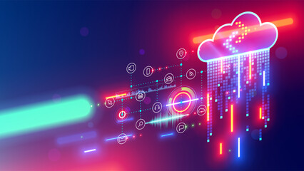 Poster - Cloud computing digital technology abstraction concept. mobile internet. IOT devices communicate cloud storage. Computer Tech background. Connection with Digital Data storage in internet. Smart city.