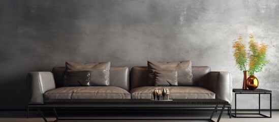 Poster - Metal coffee table and gray couch in a home's interior.