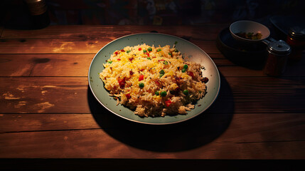 Poster - fried rice on plate and wooden table