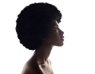 Wall Mural - Hair care, silhouette and profile of black woman with afro, beauty and skincare isolated on transparent background. Natural cosmetics, African person and model with glow, png and shine with wellness