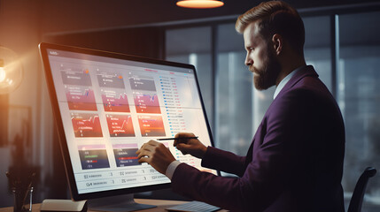 Project management. Project manager updating tasks, milestone progress planning with augmented reality Gantt chart scheduling on virtual screen. Businessman working on digital tablet, . generative ai.