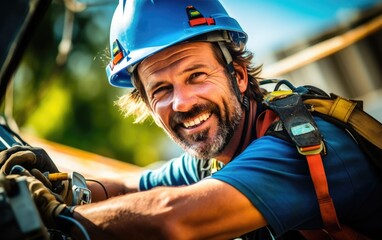 Sticker - Smiling construction worker installs solar panels on the roof of a house