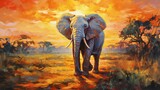 Fototapeta  - Oil art on canvas of elephant going forward and sunset landscape theme Spectacular warm light of the sun Modern impressionism artwork Palette knife painting.