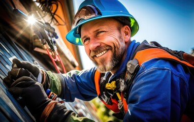 Sticker - Smiling construction worker installs solar panels on the roof of a house