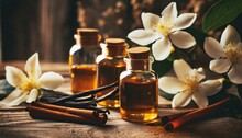 Essential Oils With Jasmine, Cinnamon And Vanilla On Rustic Wooden Table, Retro Style. Spa And Wellness Aromatherapy Treatment 