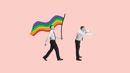 Canvas Print - Contemporary animation. Stop motion. of male holding lgbt flag. Support and equality concept