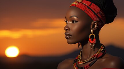 Wall Mural - African woman wearing traditional national clothing and head wrapper. Black History Month concept. Black beautiful lady close-up portrait dressed in colourful cloth and jewellery. .