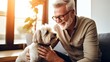 older man petting his dog for friend in house alone