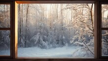 Silhouette Of A Wooden Window Overlooking The Winter Forest. Beautiful Winter Landscape With Snow Falling. Seamless Looping Video Background Animation. Generated With AI