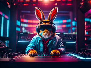 A rabbit character, working a DJ booth