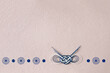 正月イメージ　菊模様と水玉模様と水引の和紙のデザイン（藍色の模様とベージュの和紙の背景）