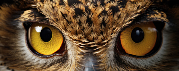 Owl eyes detial. Predator bird look close up.