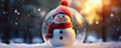 Happy snow man in christ mass ball. Christmass concept wide banner. Snow and flakes against blur forest