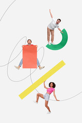 Poster - Sketch poster collage of successful people working together balancing geometric figures isolated on creative white background