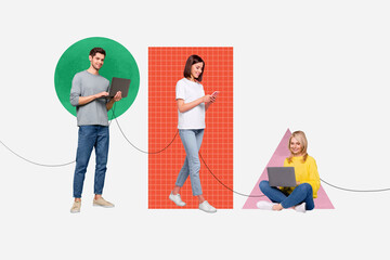Aufkleber - Banner image collage of professional successful people working together using modern technology isolated on creative background