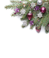 Canvas Print - Fir branch with Christmas decorations  isolated on white  background. Flat lay. New Year and Christmas background.