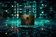 Pixelated background with binary code surroundings. Internet security immersive interface safety personal data protection from viruses and malware. A lock and key against a digital matrix background.