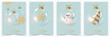 Set of Christmas card with glass transparent balls hanging on gold ribbon, with snowflake, snow, tree and snowman.
