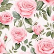 seamless floral pattern with gorgeous watercolor pink roses on white background