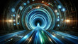 A creative representation of a secure VPN tunnel. The image features a futuristic tunnel, resembling a digital vortex, with swirling patterns of light.