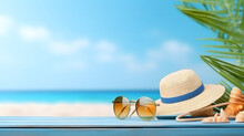 Beach Accessories On Blue Pink Summer Holiday Banner Copy Space.