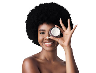 Wall Mural - Portrait, cream or black woman with skincare, beauty or dermatology isolated on transparent background. Face, African person or model with creme, cosmetic product or wellness with smile, png or shine