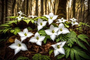 Wall Mural - A cluster of delicate white trilliums nestled among the ferns, their pure beauty adding elegance to the spring woodland.