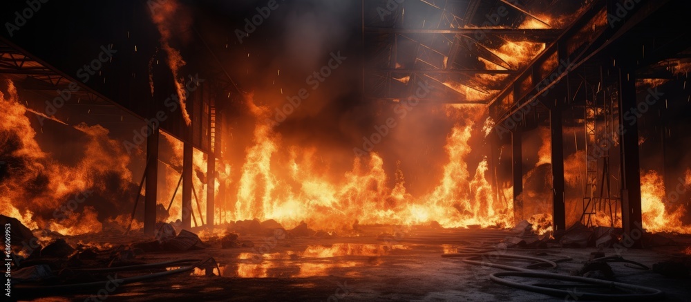 Factory fire caused damage to industrial building Copy space image ...