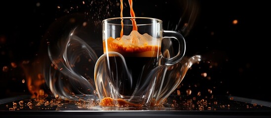 Poster - Espresso being poured into coffee machine with black background splash still life Copy space image Place for adding text or design