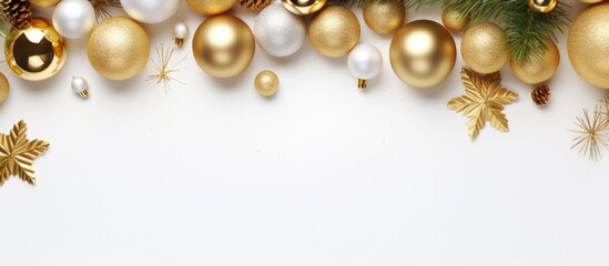 Poster - Festive Christmas arrangement with conifer branches balls golden decorations on white surface Overhead view space for text square format Copy space image Place for adding text or design