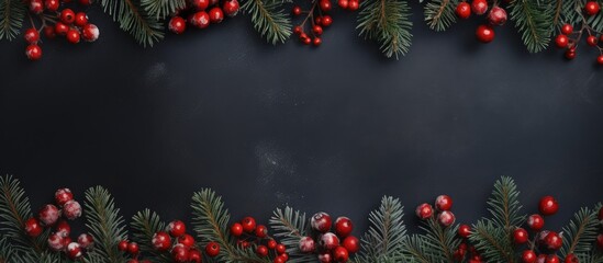 Aufkleber - Festive Christmas decorations with fir branches berries and wallpaper Top view copy space Copy space image Place for adding text or design