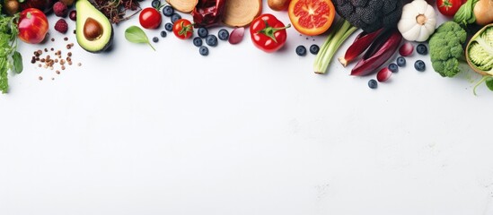 Poster - Fresh organic vegetables fruits and beans on a light gray background Top view Copy space image Place for adding text or design